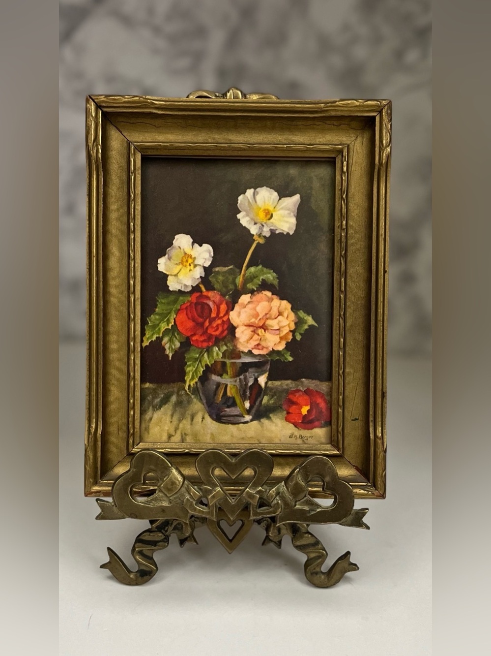 Vintage 1950s D.H. Berger Floral Print in Ornate Gold Frame | 7.5x5.5"